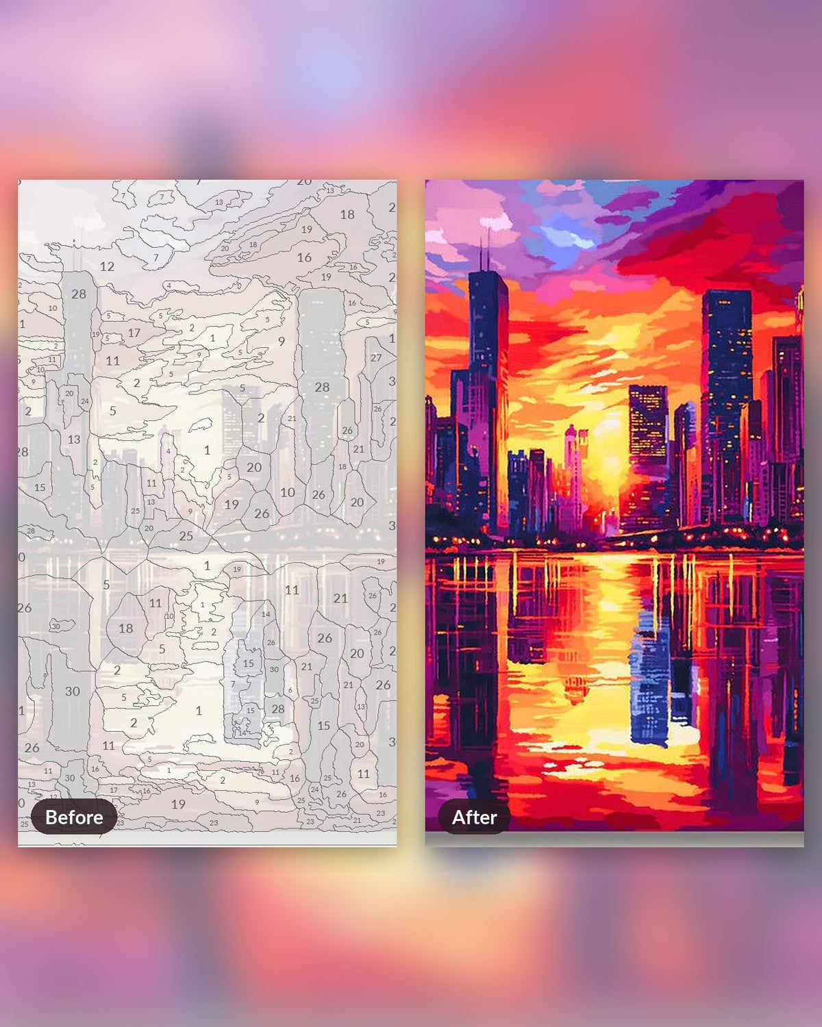 The Scarlet Sky City paint by numbers kit, before and after