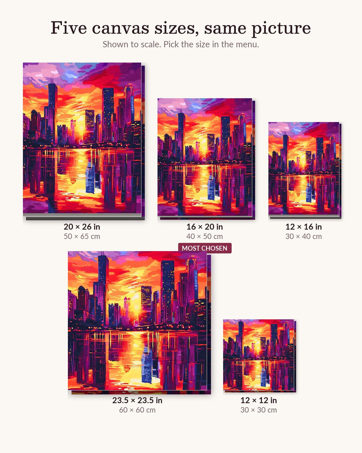 The Scarlet Sky City canvas sizes from 12 x 12 to 23.5 x 23.5 inches