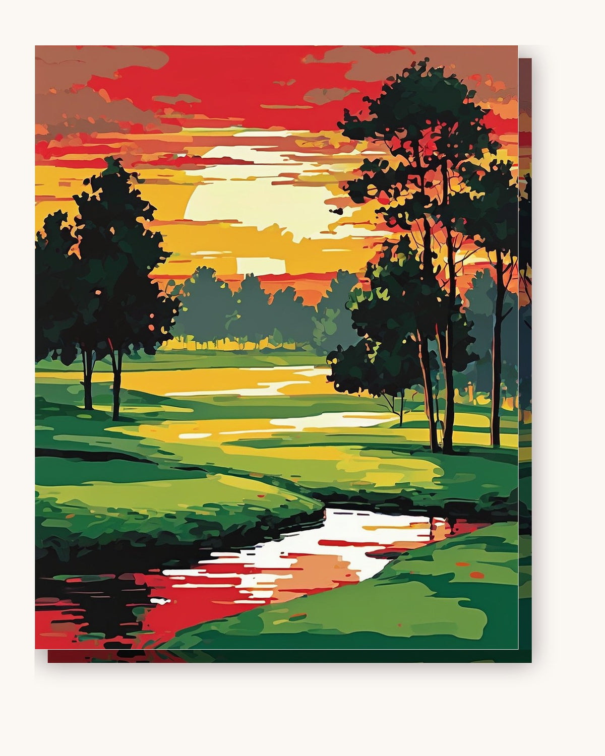 Red Sunset over the Pond paint by numbers kit on stretched canvas