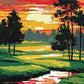 low sun in a red and orange sky over a winding pond, green grass and tall dark trees, paint by numbers kit