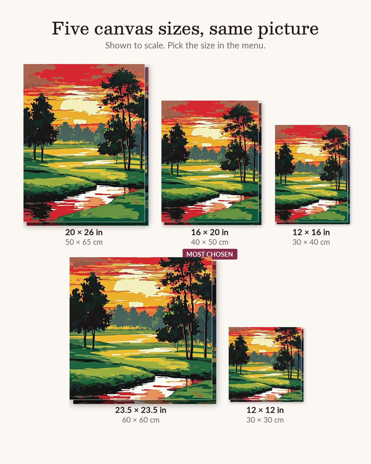 Red Sunset over the Pond canvas sizes from 12 x 12 to 23.5 x 23.5 inches