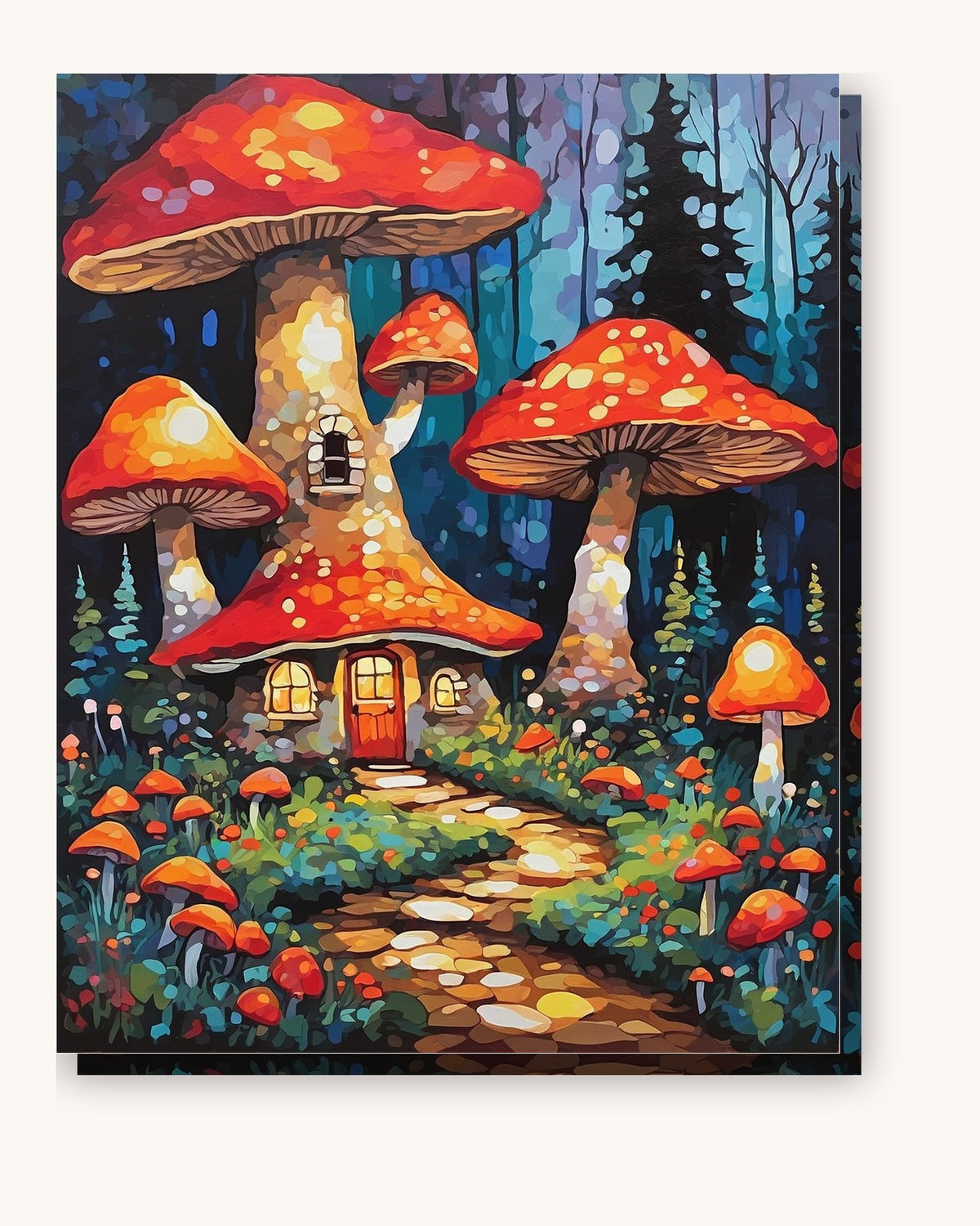 Red Toadstool House in the Blue Woods paint by numbers kit on stretched canvas