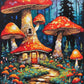 giant red toadstool house with glowing windows and mushrooms along a stone path in a blue forest, paint by numbers kit