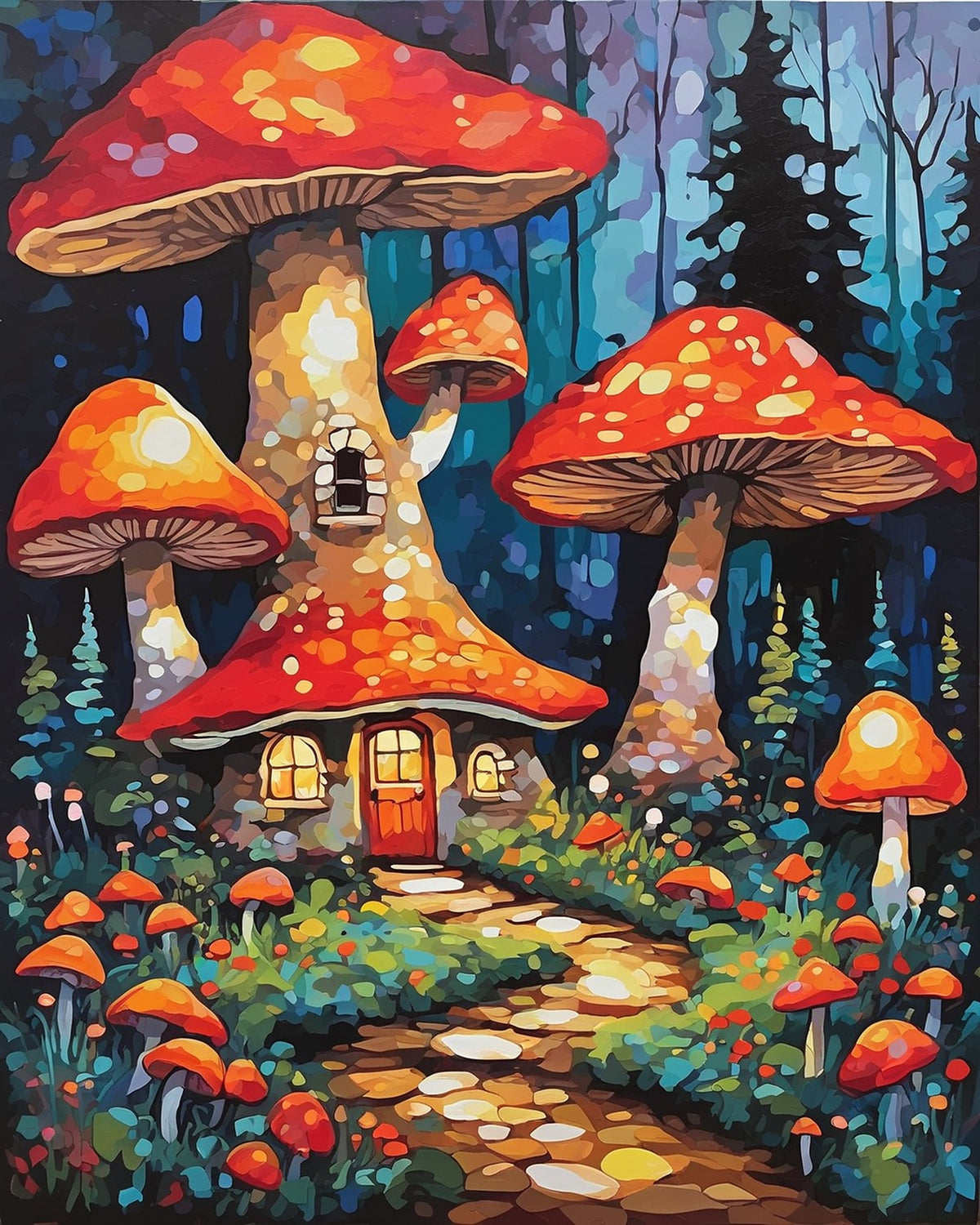 giant red toadstool house with glowing windows and mushrooms along a stone path in a blue forest, paint by numbers kit