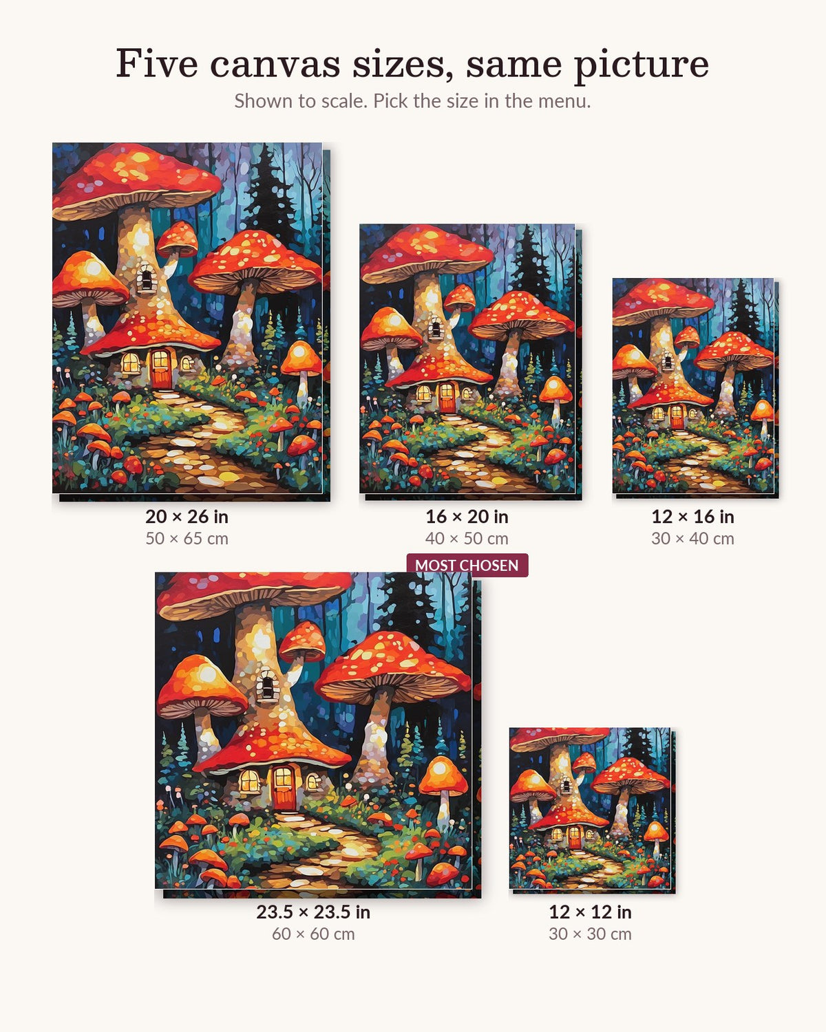 Red Toadstool House in the Blue Woods canvas sizes from 12 x 12 to 23.5 x 23.5 inches