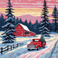 Red Truck Bringing Home the Tree paint by numbers kit, vintage red pickup with a Christmas tree on a snowy road