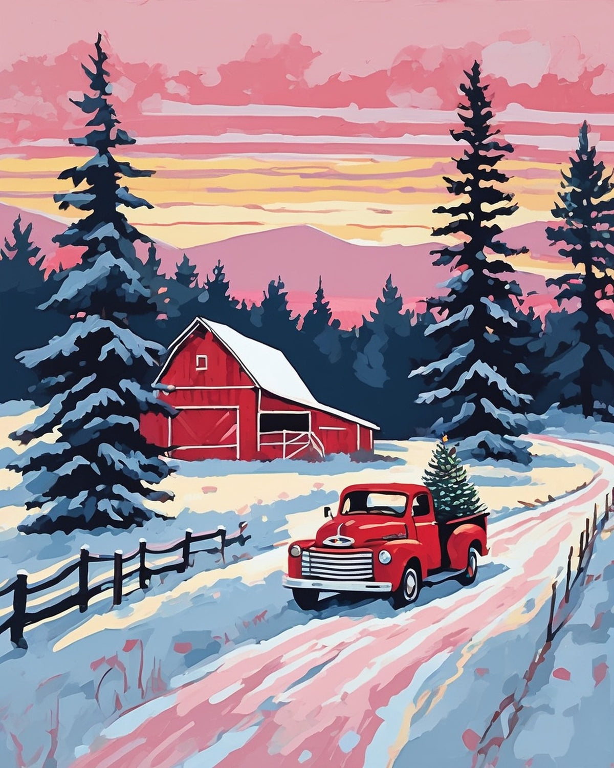 Red Truck Bringing Home the Tree paint by numbers kit, vintage red pickup with a Christmas tree on a snowy road