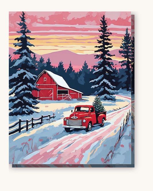 Red Truck Bringing Home the Tree paint by numbers kit on stretched canvas