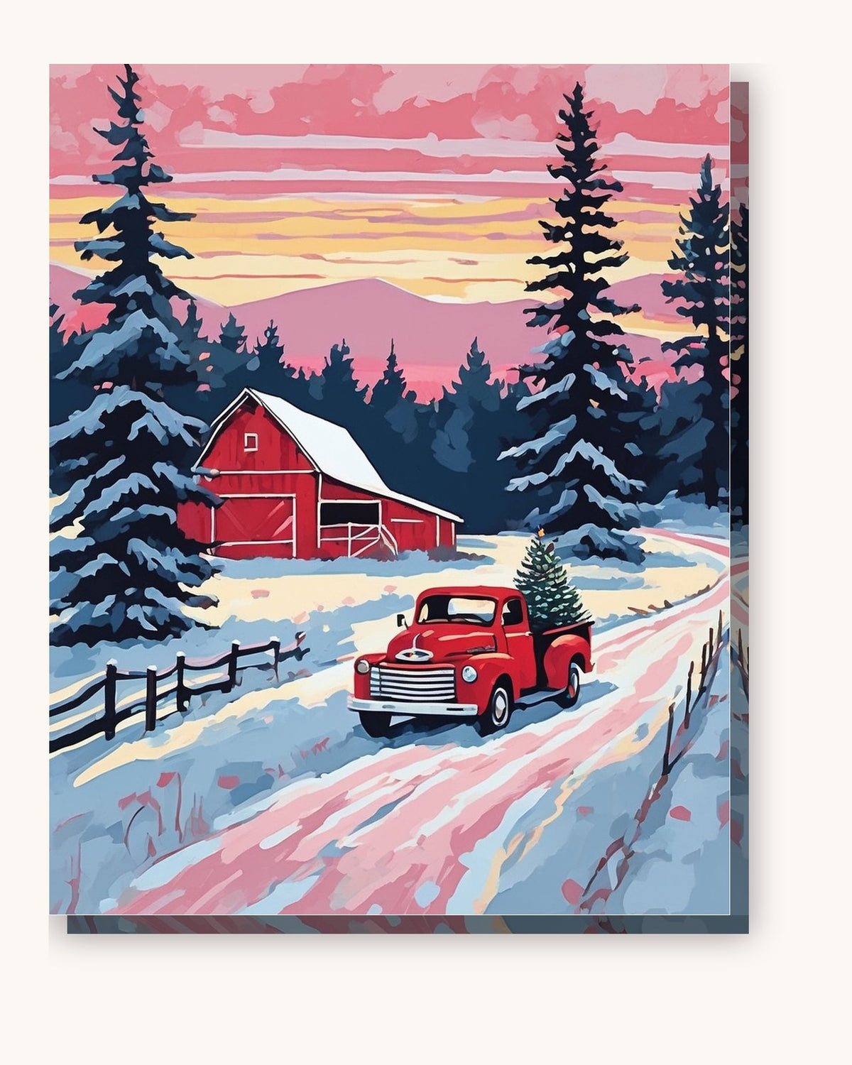 Red Truck Bringing Home the Tree paint by numbers kit on stretched canvas