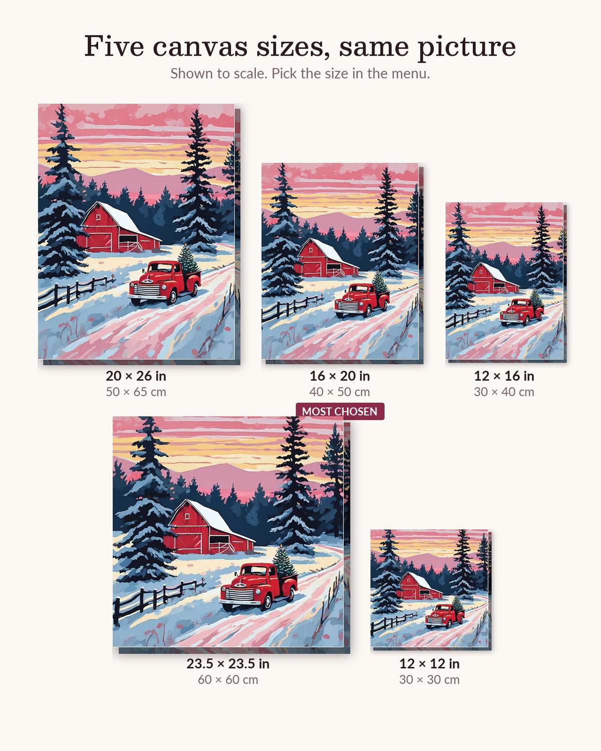 Red Truck Bringing Home the Tree canvas sizes from 12 x 12 to 23.5 x 23.5 inches