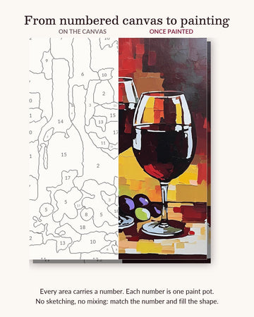 Red Wine Glasses with Green Grapes numbered canvas next to the finished painting