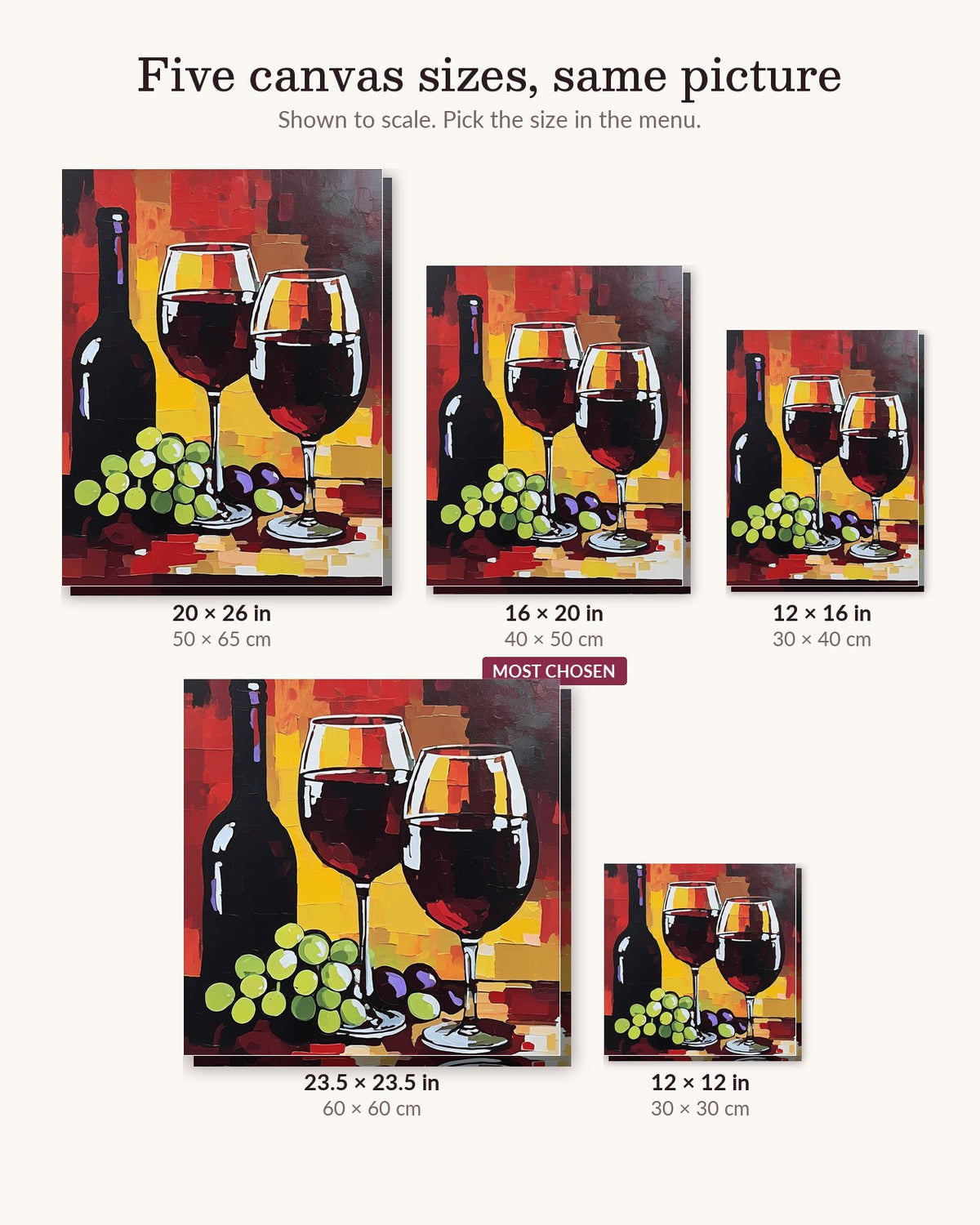 Red Wine Glasses with Green Grapes canvas sizes from 12 x 12 to 23.5 x 23.5 inches