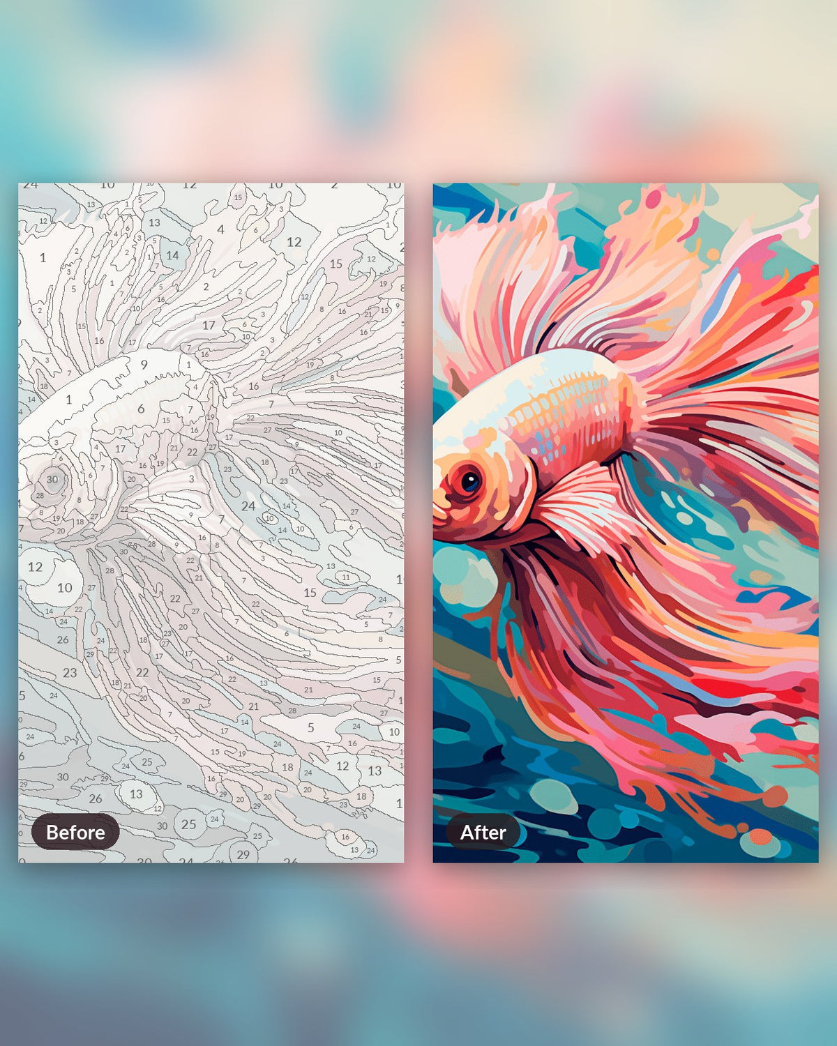 Regal Betta Fish paint by numbers kit, before and after