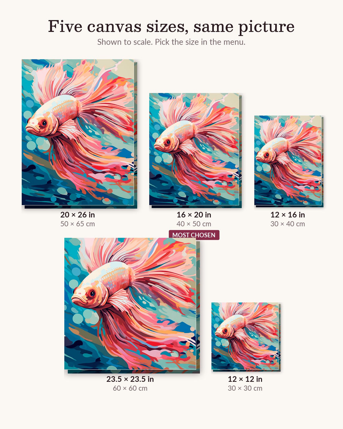 Regal Betta Fish canvas sizes from 12 x 12 to 23.5 x 23.5 inches