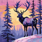 Reindeer at Dawn paint by numbers kit, reindeer standing in a snowy pine forest at sunrise