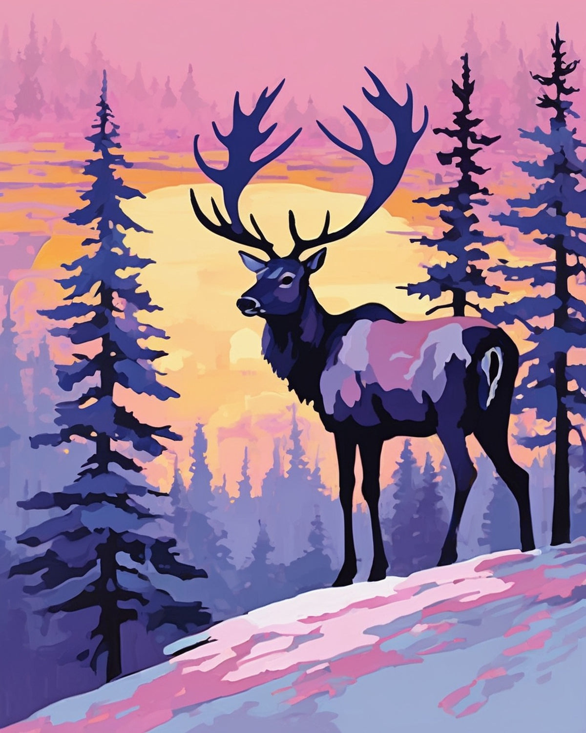 Reindeer at Dawn paint by numbers kit, reindeer standing in a snowy pine forest at sunrise