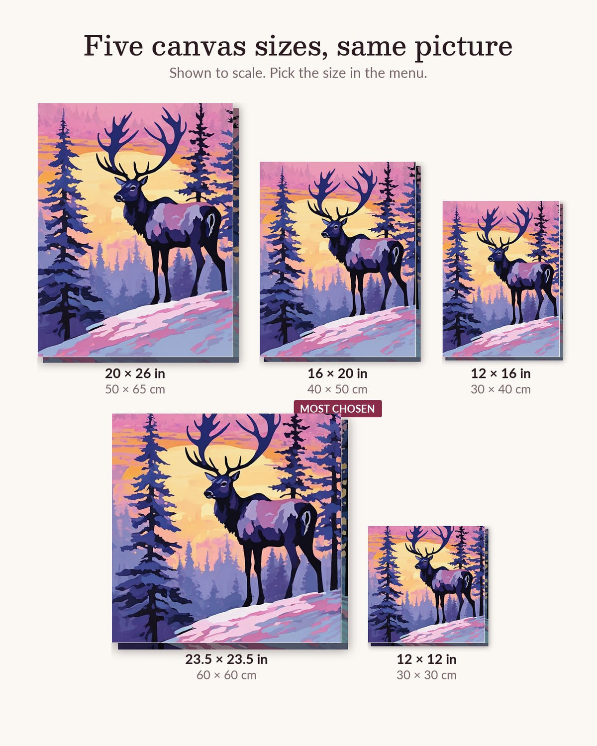 Reindeer at Dawn canvas sizes from 12 x 12 to 23.5 x 23.5 inches