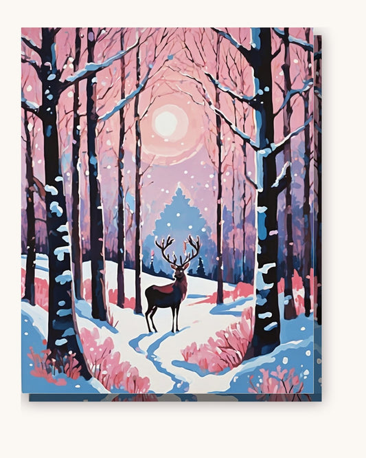 Reindeer in the Snowy Pink Forest paint by numbers kit on stretched canvas