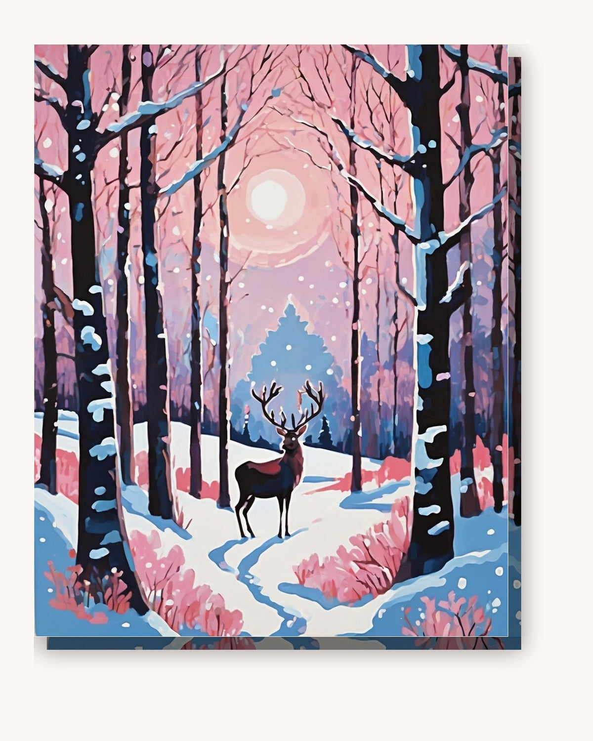 Reindeer in the Snowy Pink Forest paint by numbers kit on stretched canvas