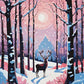 reindeer standing on a snowy path in a pink twilight forest with falling snow, paint by numbers kit