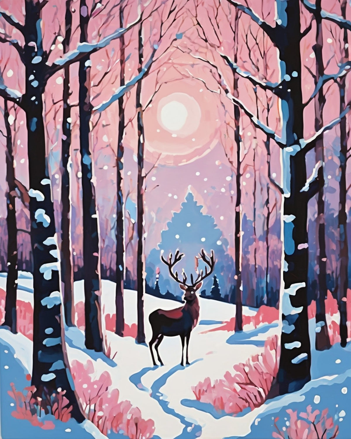 reindeer standing on a snowy path in a pink twilight forest with falling snow, paint by numbers kit