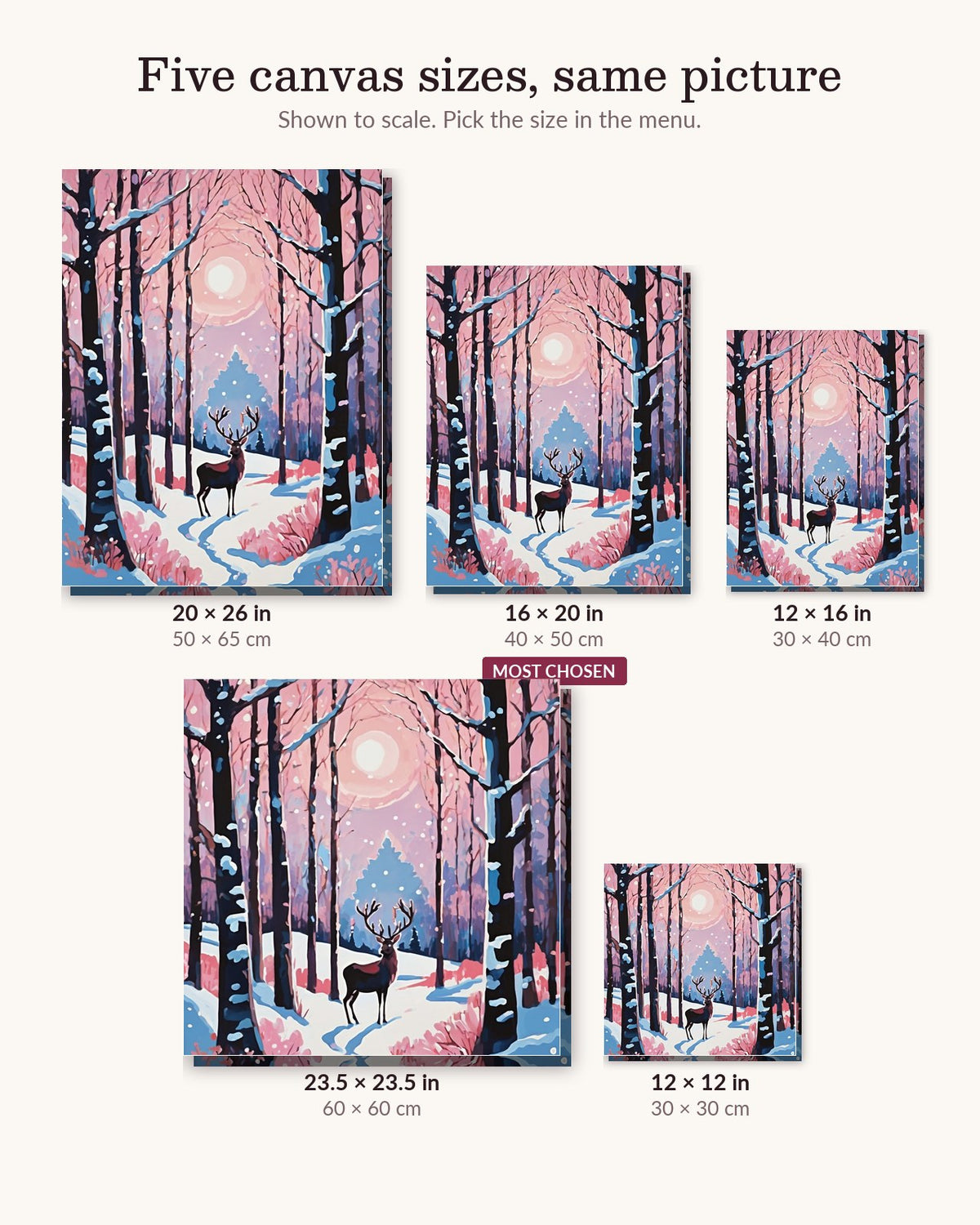 Reindeer in the Snowy Pink Forest canvas sizes from 12 x 12 to 23.5 x 23.5 inches