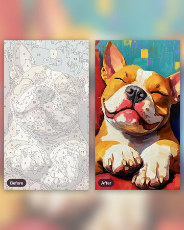 Relaxing Bulldog Retreat paint by numbers kit, before and after