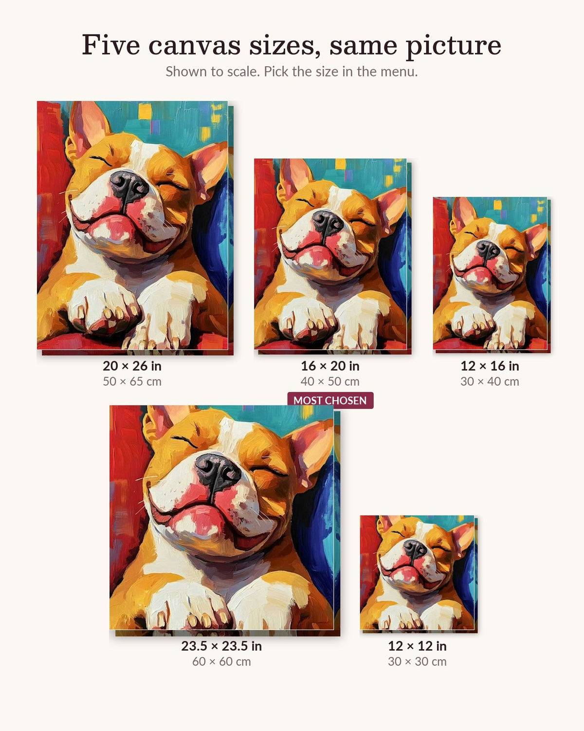 Relaxing Bulldog Retreat canvas sizes from 12 x 12 to 23.5 x 23.5 inches