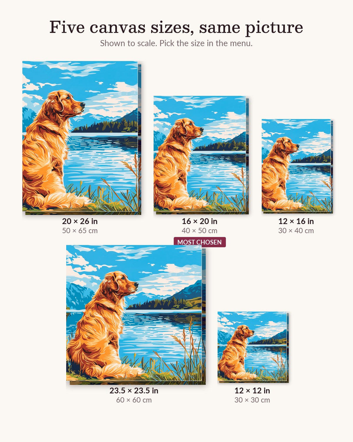 Retriever by the Lake canvas sizes from 12 x 12 to 23.5 x 23.5 inches