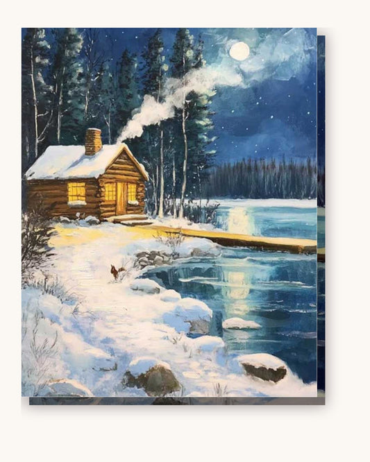Riverside Winter Night paint by numbers kit on stretched canvas