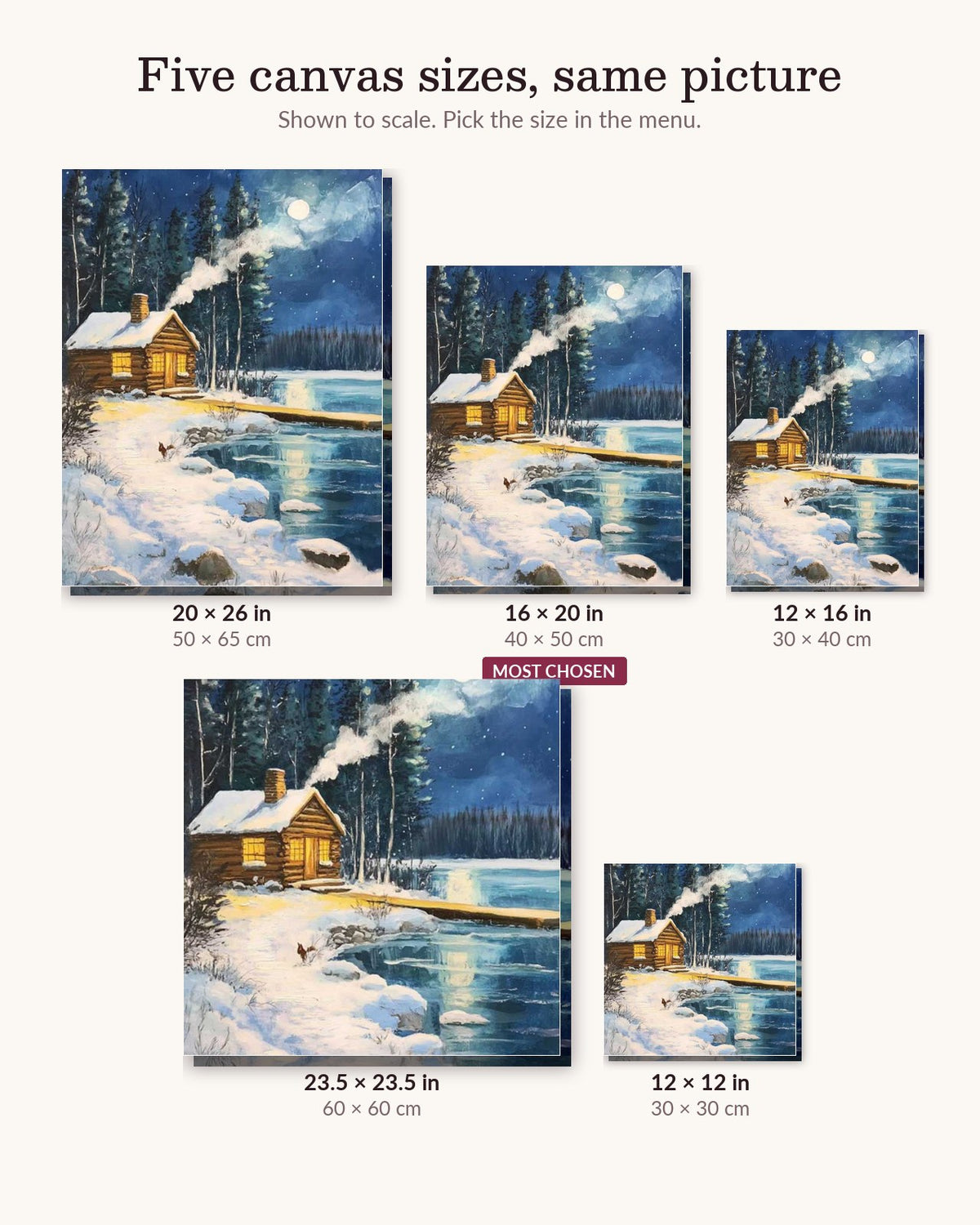 Riverside Winter Night canvas sizes from 12 x 12 to 23.5 x 23.5 inches
