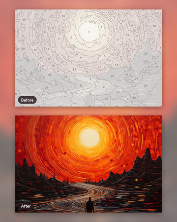 Road to Dusk paint by numbers kit, before and after