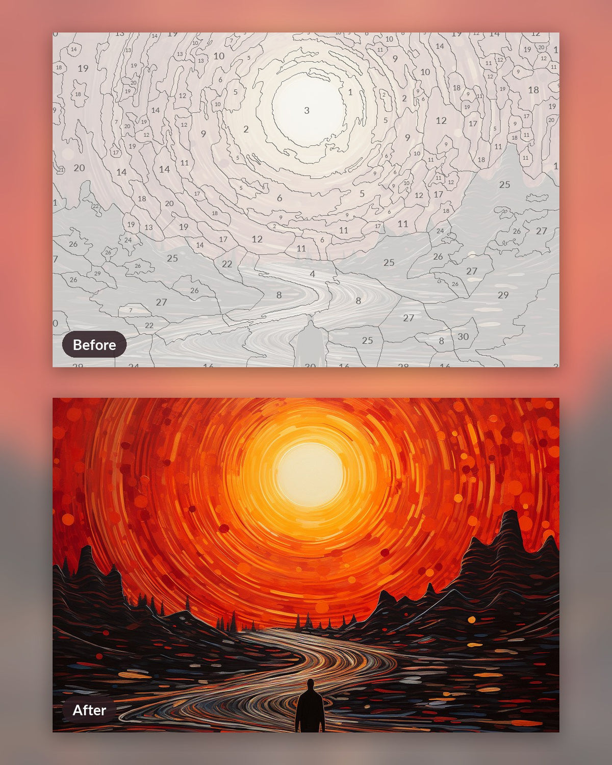 Road to Dusk paint by numbers kit, before and after