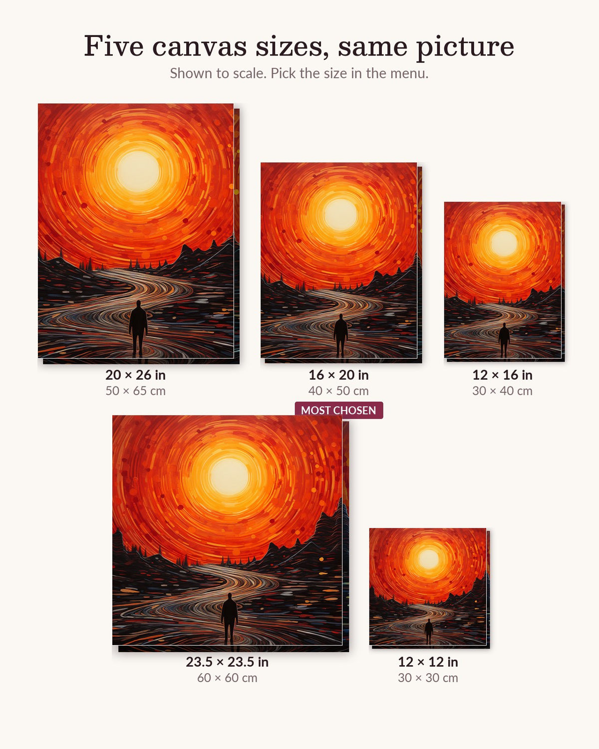 Road to Dusk canvas sizes from 12 x 12 to 23.5 x 23.5 inches