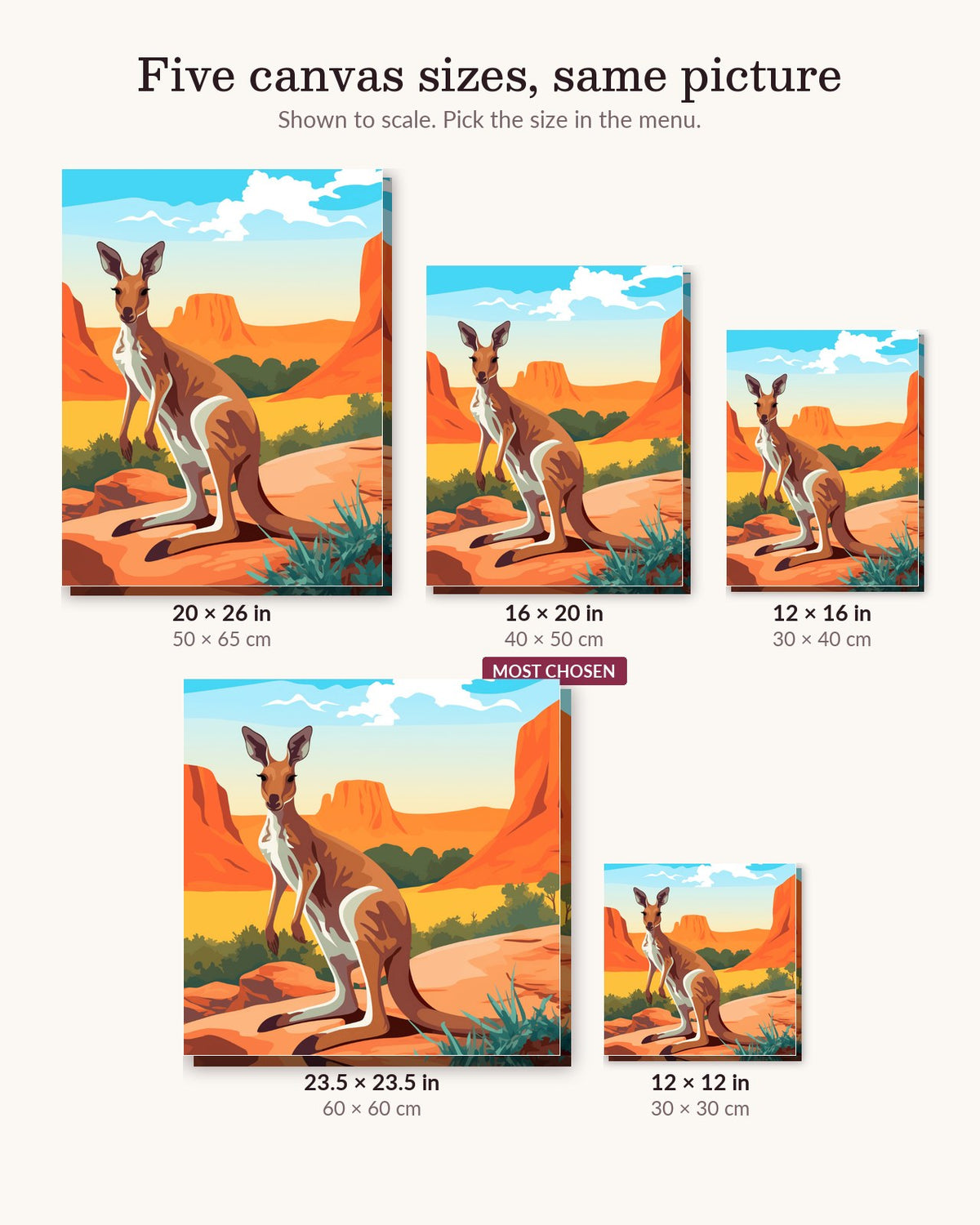 Roaming Kangaroo canvas sizes from 12 x 12 to 23.5 x 23.5 inches