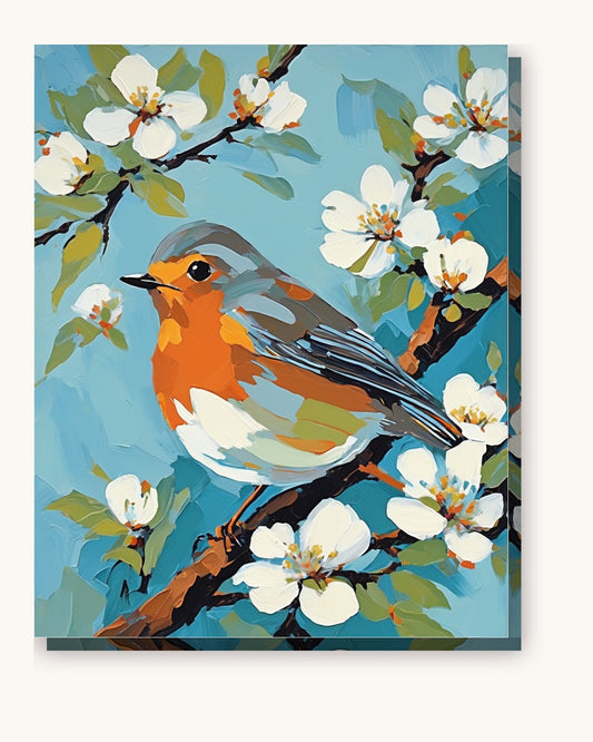 Robin on a Spring Branch paint by numbers kit on stretched canvas
