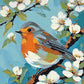 robin with orange chest on a branch with white apple blossoms and a soft blue background, paint by numbers kit