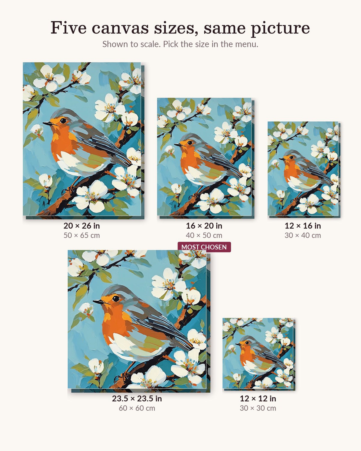Robin on a Spring Branch canvas sizes from 12 x 12 to 23.5 x 23.5 inches