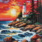 white lighthouse and keeper house on a rocky coast with pines and crashing waves at sunset, paint by numbers kit