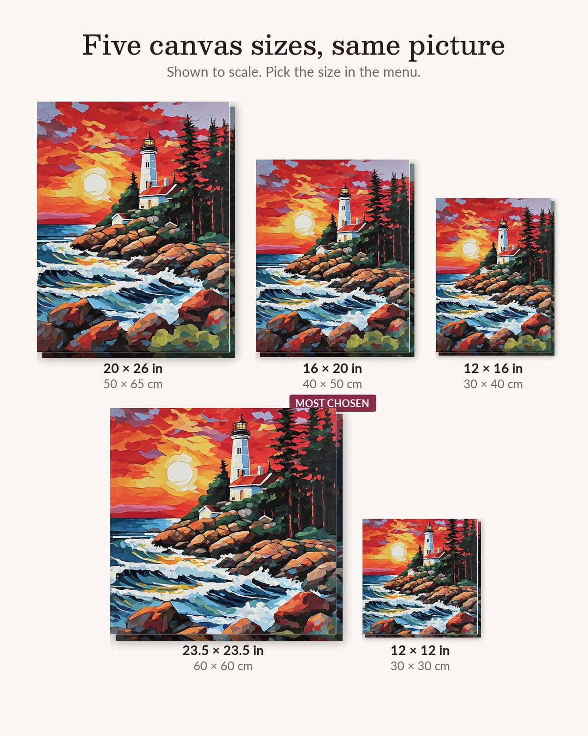 Rocky Coast Lighthouse in Maine canvas sizes from 12 x 12 to 23.5 x 23.5 inches