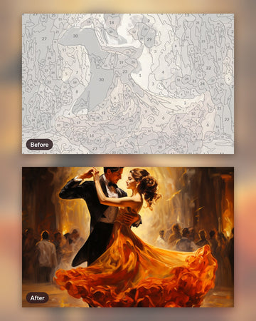 Romantic Ballroom Dancers paint by numbers kit, before and after