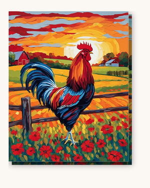 Rooster on the Farm Fence at Sunrise paint by numbers kit on stretched canvas