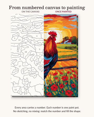 Rooster on the Farm Fence at Sunrise numbered canvas next to the finished painting