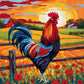 colorful rooster standing by a wooden fence with a red barn, poppies and sunrise sky, paint by numbers kit
