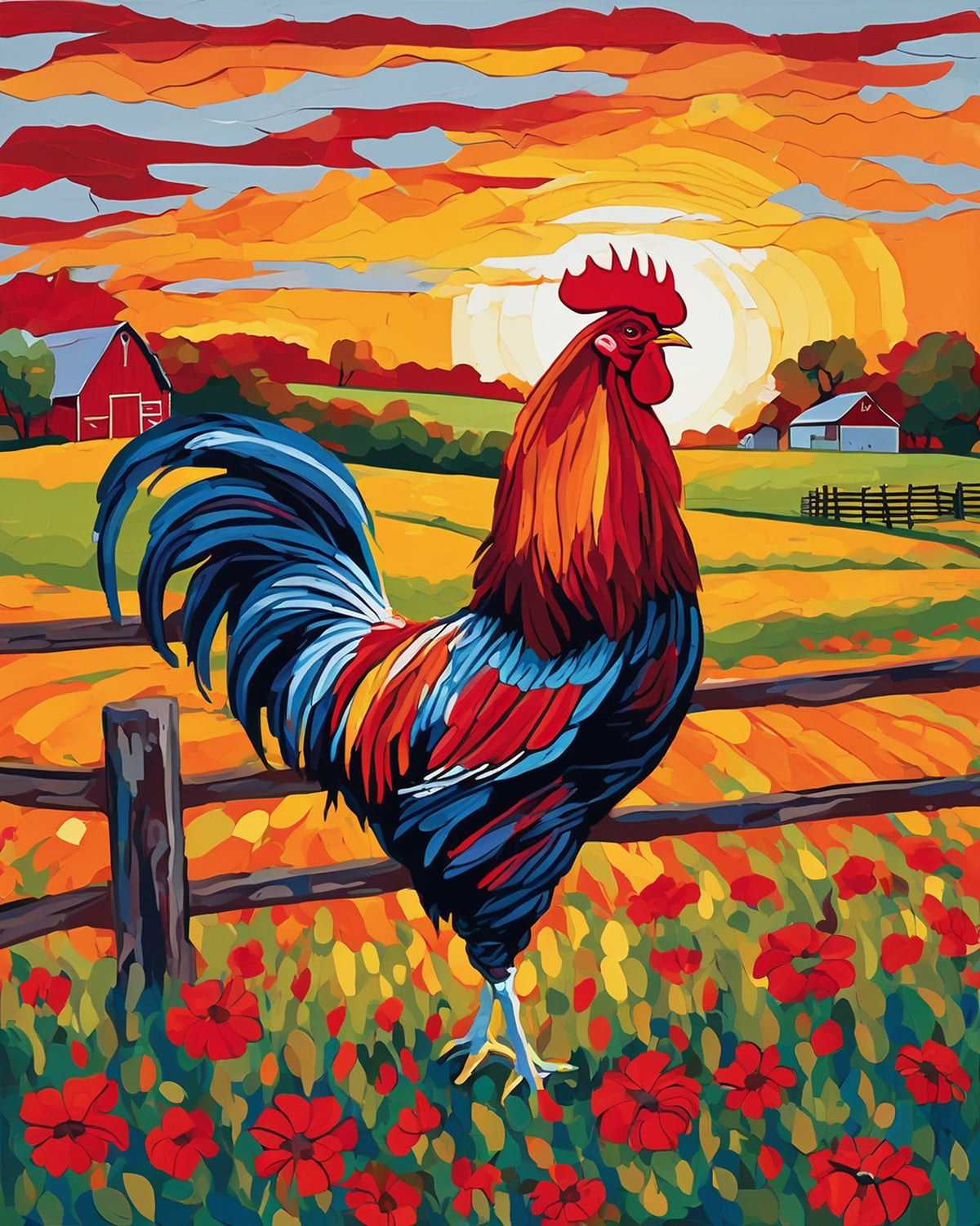colorful rooster standing by a wooden fence with a red barn, poppies and sunrise sky, paint by numbers kit