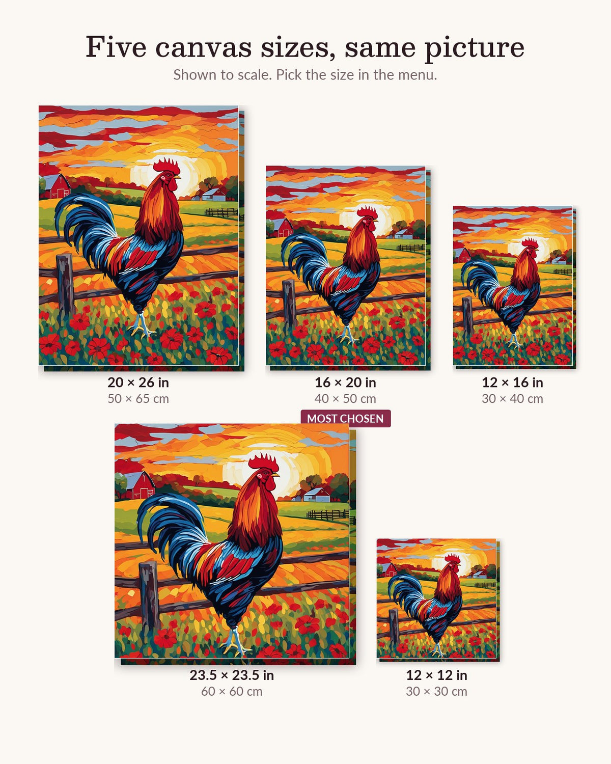 Rooster on the Farm Fence at Sunrise canvas sizes from 12 x 12 to 23.5 x 23.5 inches