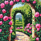 pink roses climbing a stone arch over a sunlit garden path with green hedges, paint by numbers kit