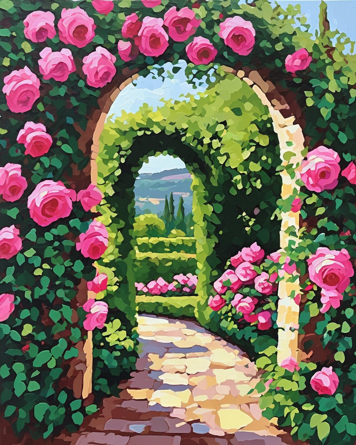 pink roses climbing a stone arch over a sunlit garden path with green hedges, paint by numbers kit