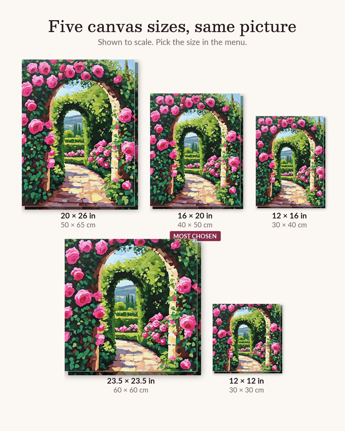 Rose Arch Garden Path canvas sizes from 12 x 12 to 23.5 x 23.5 inches