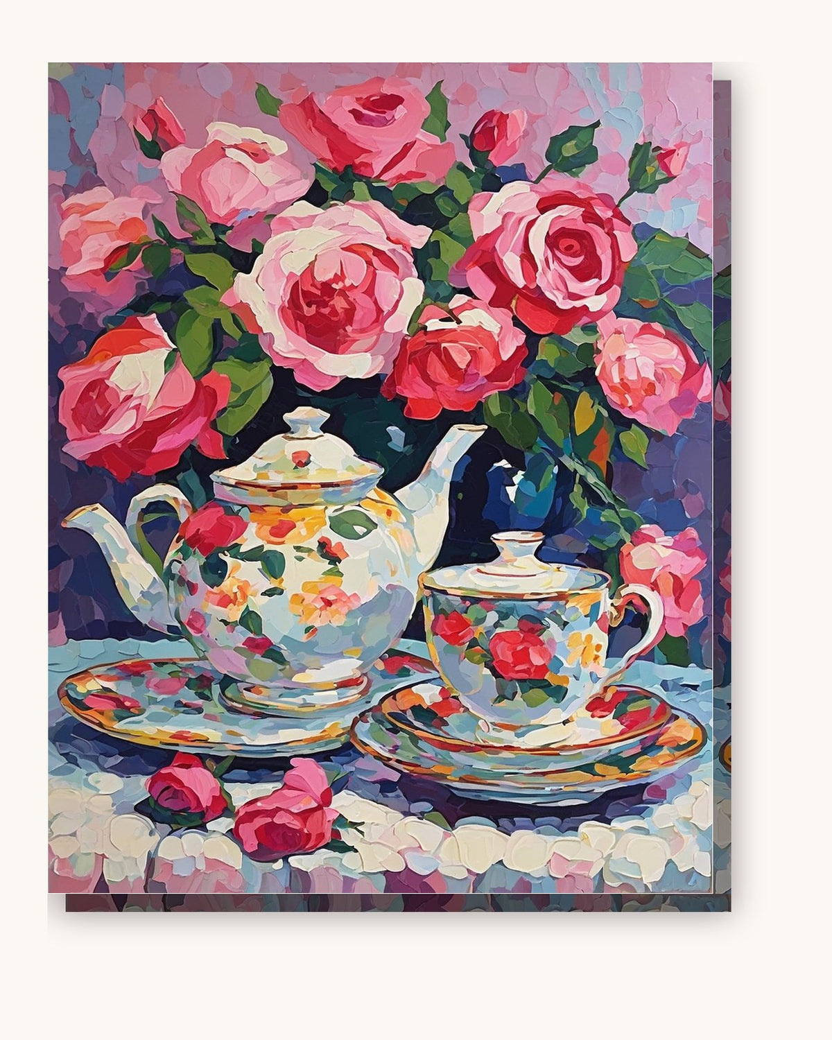 Rose Bouquet and Floral Teapot Set paint by numbers kit on stretched canvas